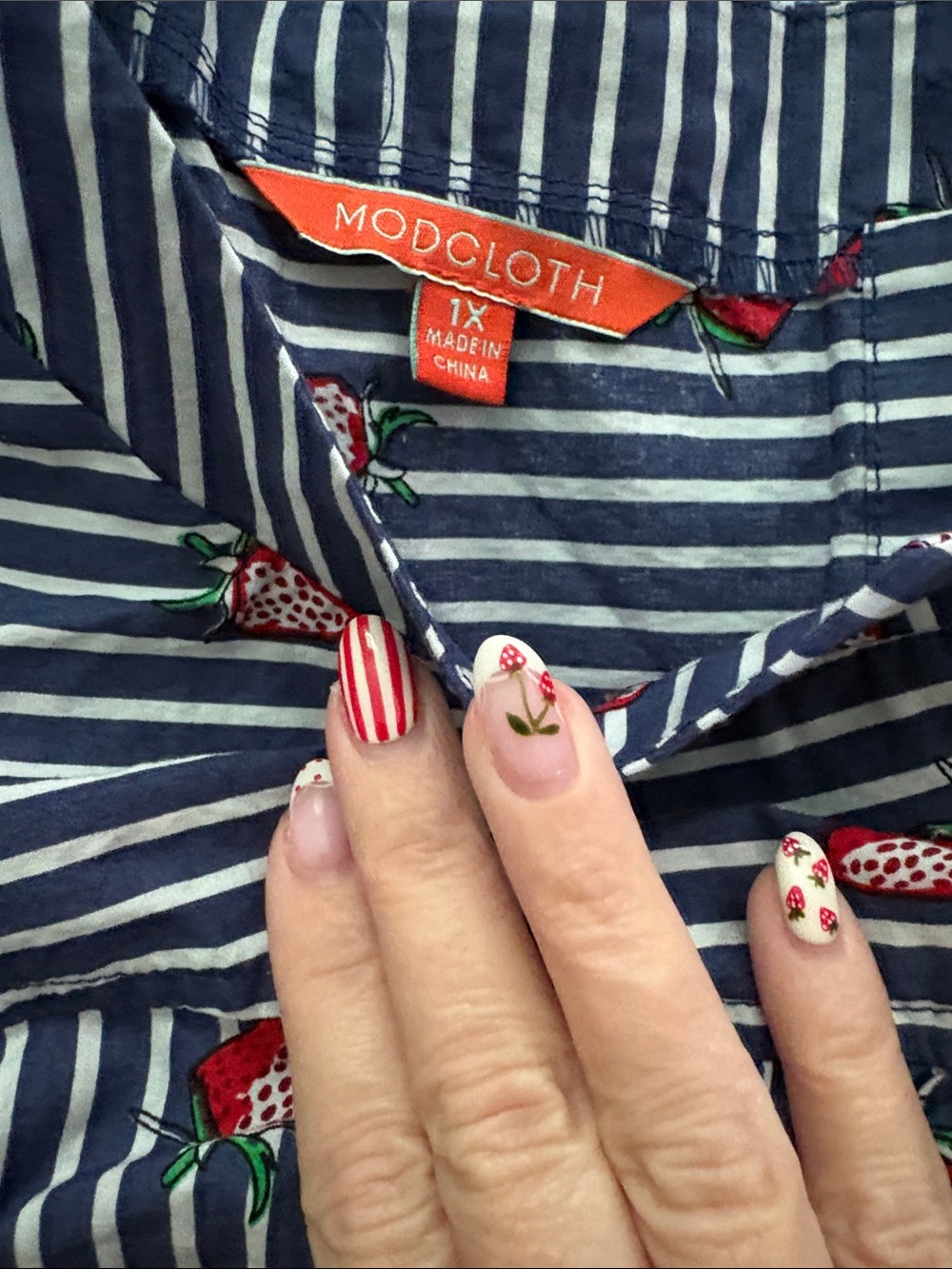 Modcloth Navy & White Striped Blouse with Red Strawberry Print - Picture 2 of 4